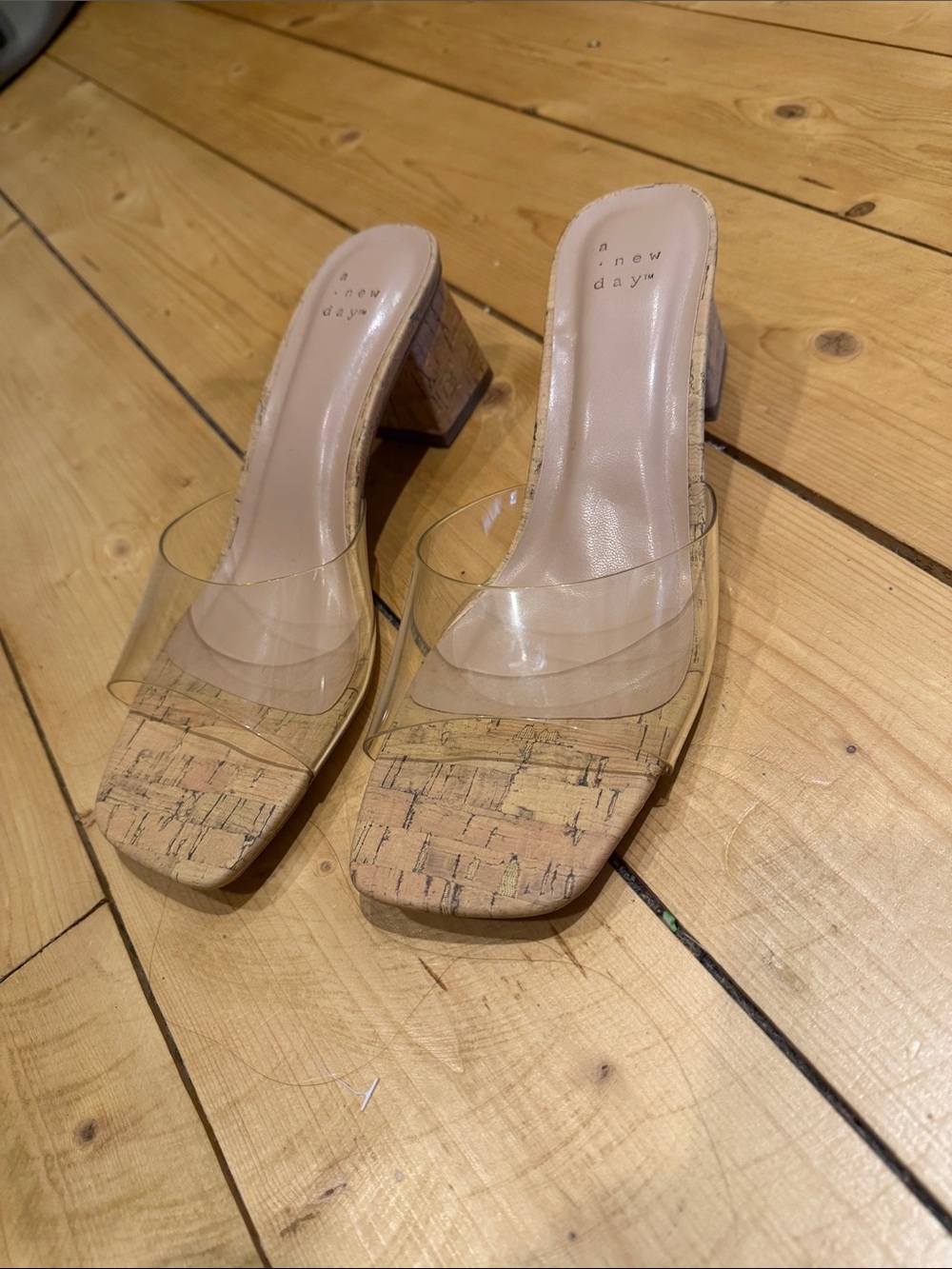 a new day Clear Strap Cork-Pattern Block Heel Sandals - Nude